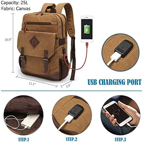 Platneni ruksak za muškarce i žene, Vintage ruksak odgovara većini 15.6 inčnog laptopa, Bookbag sa USB priključkom za punjenje, Brown