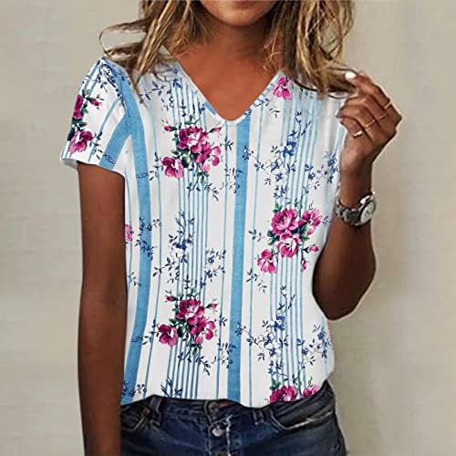 Ljeto Ženski kratki rukav V izrez cvjetni tiskani TOP THIRTS CHIrts Casual Majice Tee Tunika Žene Ljetne majice za žene