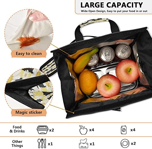 Alaza torba za ručak za žene izolovana, tratinčice u prugama kutija za ručak za višekratnu upotrebu sa naramenicom