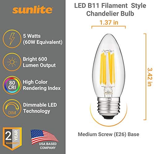 Sunlite 41076 LED filament B11 Torpedo luster sijalica, 5 vati, 600 lumena, Srednja E26 baza, zatamnjiva, Edison stil, ul lista, 2700k toplo Bijela 6 pakovanje