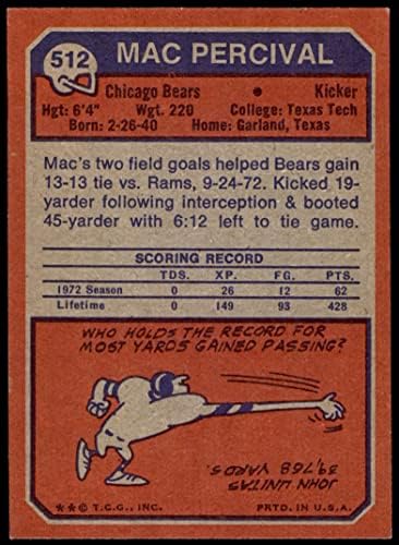 1973 TOPPS # 512 MAC Percival Chicago Bears Ex / MT Bears Texas Tech