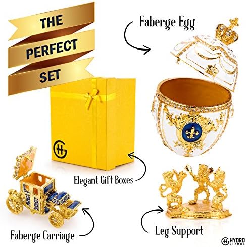 Jedinstveno, dekorativno Bijelo Faberge jaje: izuzetno velika 6,6 inča, ručno obojena kutija za nakit za vrhunski Kućni dekor, dolazi sa poklonom Faberge Carriage, Čuvajte prstenje, minđuše i nakit u stilu
