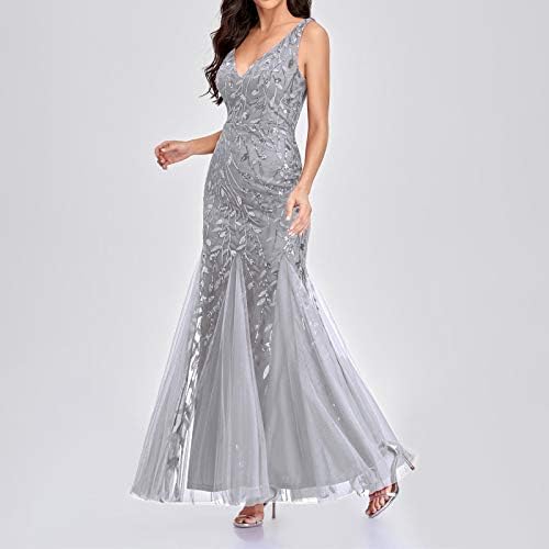 Ženski V-izrez Sparkly Emborder mamurska haljina elegantna haljina s dugim večema bez rukava Maxi Tulle