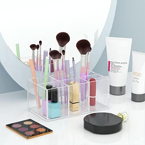 Hiimiei Clear Makeup brush holder Organizer Acrylic 6-Slots Cosmetic Brushes Storage Organizer for Vanity