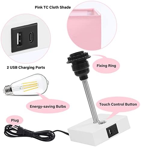 Faguangao Pink lampa za kontrolu dodira, 3-smjerna lampa za djevojčice sa noćnim ormarićem sa mogućnošću zatamnjivanja sa USB A+C priključcima za punjenje,Bijela baza moderna noćna lampa za spavaću sobu, dnevni boravak