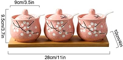 Mlijeko Kinesko cvjetanje šljive Šećerne posude sa poklopcem i kašikom, keramički šećer, posuda za spacanje šećera, soli začina začina kanistera-ružičasta-3 set sa ladicom (boja: ružičasta, veličina: 3 set s trakom
