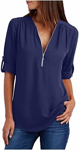 Ženska majica Ljetni pad odjeće trendy dugih rukava šifon V izrez zip up labavi fit casual bluza za ženske