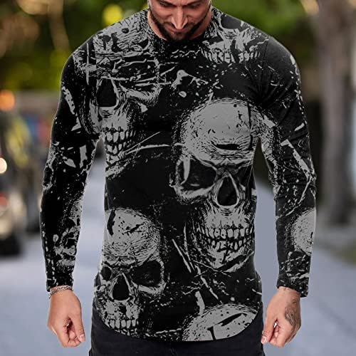 ZDDO MENS majice s dugim rukavima, Halloween Skull Print CrewNeck Workout Mišić Tee Fall Ležerne prilike
