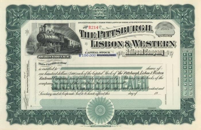Pittsburgh, Lisbon and Western Railroad Co. - Certifikat Zaliha