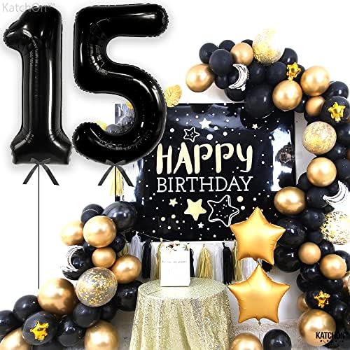 KatchOn, Crni 15 balona broj-40 inča | Broj 15 crnih balona za dekoracije za 15. rođendan za dječake | ukrasi