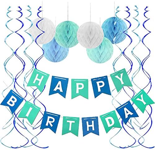 Fecedy Blue Hretan Birthday Banner Honeycomb balls Swirls Streamers za rođendanske dekoracije
