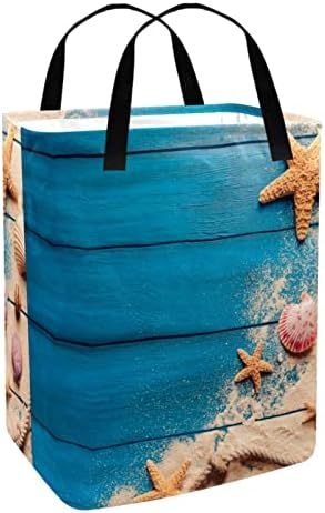 Ljetni morski pijesak školjke morske zvijezde na plavoj drvenoj ploči Print sklopiva korpa za veš, 60L vodootporne