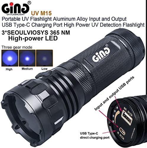 GING UV svjetiljka UV M15 365nm Blacklight visoke snage 3 UV perle lagani ulaz i izlaz punjenje PORT Blacklight
