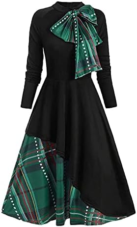 NOKMOPO Formalna haljina Ženska vintage okrugli vrat Plaidni patchwork mock gumb Dugi rukav haljina Strit