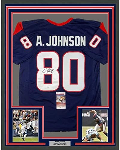 Uokvireni autogramirani / potpisan Andre Johnson 33x42 Houston Blue Fudbalski dres JSA COA