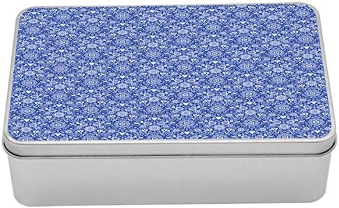 AMBESONNE NAVY BLUNA kutija, etničko ponavljanje cvijeća Folklor Tradicionalni ukrasni motivi, prenosivi pravokutni metalni organizator s poklopcem, 7.2 x 4,7 x 2.2 , bijeli i plavi plavi