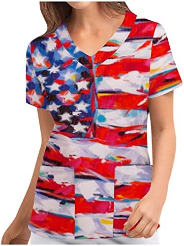 Scrubs_Tops za ženska američka zastava Štampanje majica Vintage kratki rukav Dan nezavisnosti Patriotski