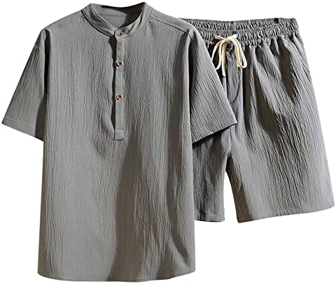 Mens 2pc set Plus size čvrsta pamučna posteljina gumna gore pulover vrhove i kratke hlače s kratkim rukavima