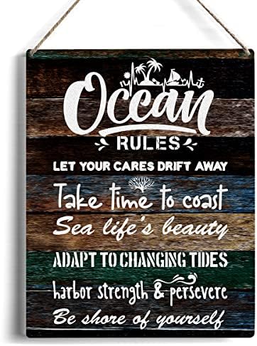 Rustikalni ocean pravilno dekor zida - vintage ocean pravila izreke viseći drveni plak znak za kućni zid