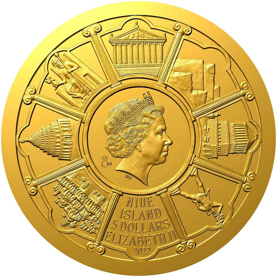 2022 DE Seven čuda Powercoin statuu Zeus-a na Olimpiji drevnog svijeta 1/10 oz Gold Coin 5 $ Niue 2022 Dokaz