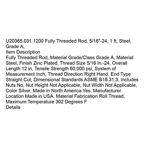 Zamjena U20365.031.1200 Potpuno navojna šipka, 5/16 -24, 1 ft, čelik, ocjena A,