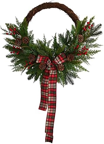 Nepoznato1 28 Pine i pinecone umjetni božićni vijenac s ukrasnim lukom zelene 28 višebojnih svjetala
