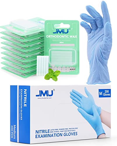 JMU Braces Wax Mint 10pack ortodontski vosak Precut tačke sa srednjim Nitrilnim rukavicama 200pcs rukavice za medicinski pregled bez pudera bez lateksa, plava