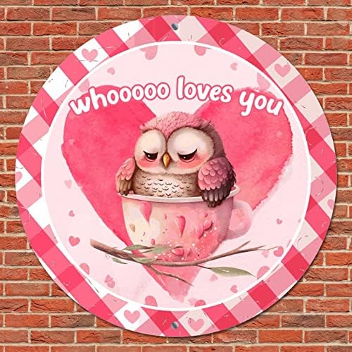 Okrugli metalni limenki znak Valentinovo Whooooo voli vas sove ružičasta srca Vintage Wearheat potpisuje