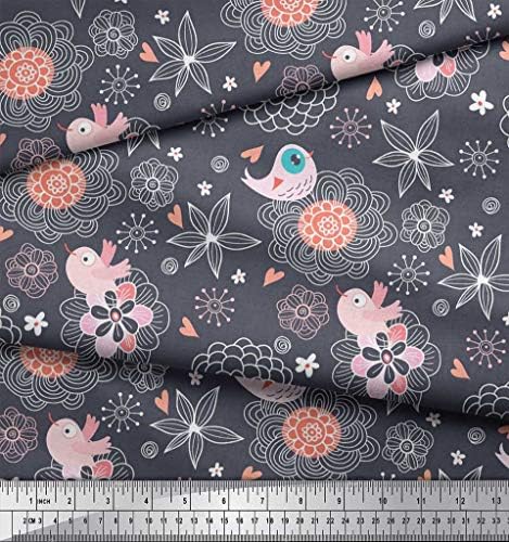 Soimoi Cotton Cambric Fabric Heart, Floral & Bird Kids Print Fabric by the Yard 42 Inch Wide