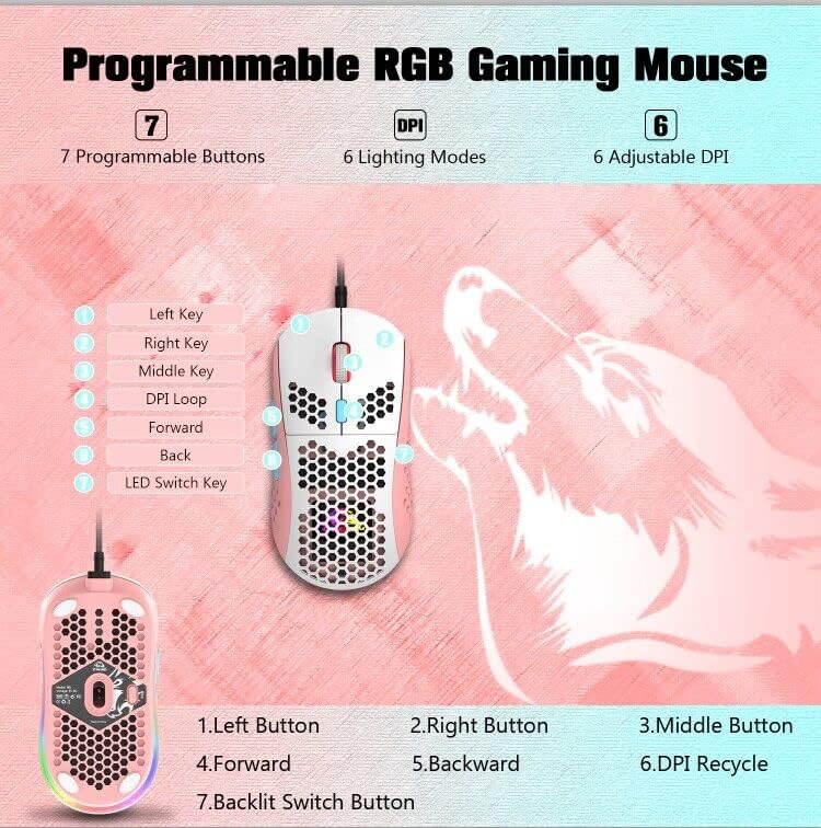 Ziyou LANG žičani RGB miš za igre, 65g lagani Ultralaki miš sa saćem sa senzorom visoke preciznosti 6400DPI,