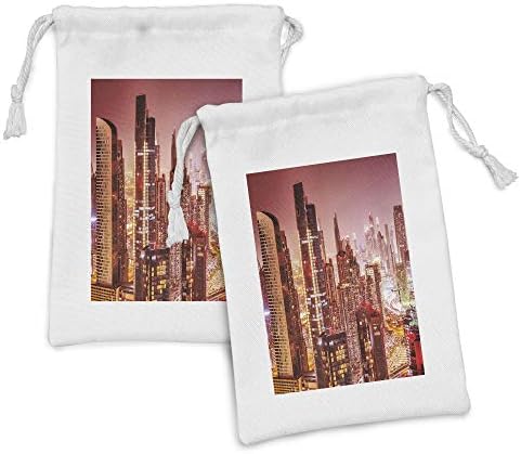 Ambesonne Cityscape Tkaninska torbica set od 2, Dubai u noćnom krajoliku visokim neboderima Panorama Slika