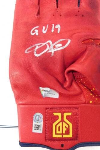 Dexter Fowler 2019 Game-Used & AUTO Red / Navy/Yw Jordan desna ruka Batting Glove-MLB Game Used Gloves