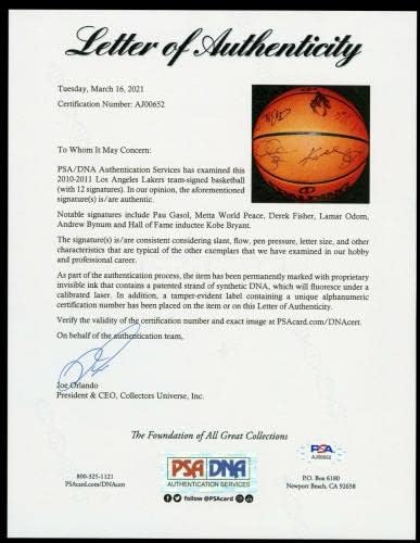 Kobe Bryant 2010-11 Los Angeles Lakers tim potpisao je NBA Igra Košarka PSA DNK - AUTOGREME KOŠARICE